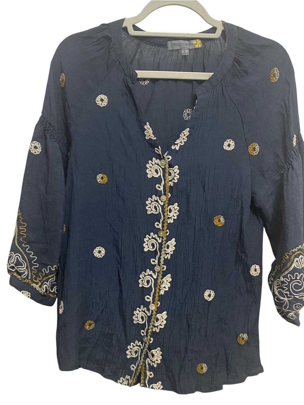 Figueroa & Flower Mandarin Collar Embroidered 3/4 Sleeve Navy Blue Blouse L